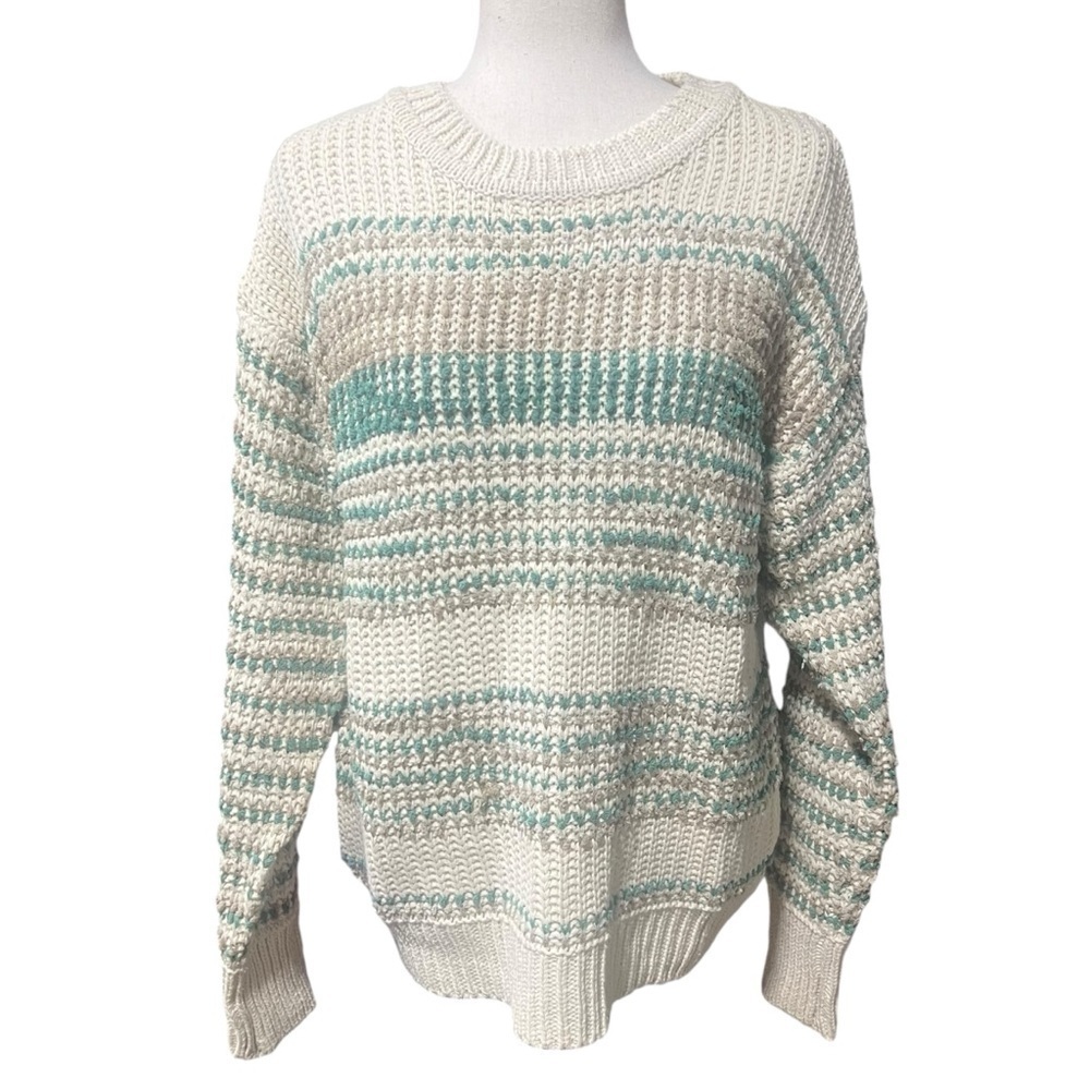 Umgee USA Cream Turquoise Knit Striped Sweater Size Large Fisherman Coastal Blue
